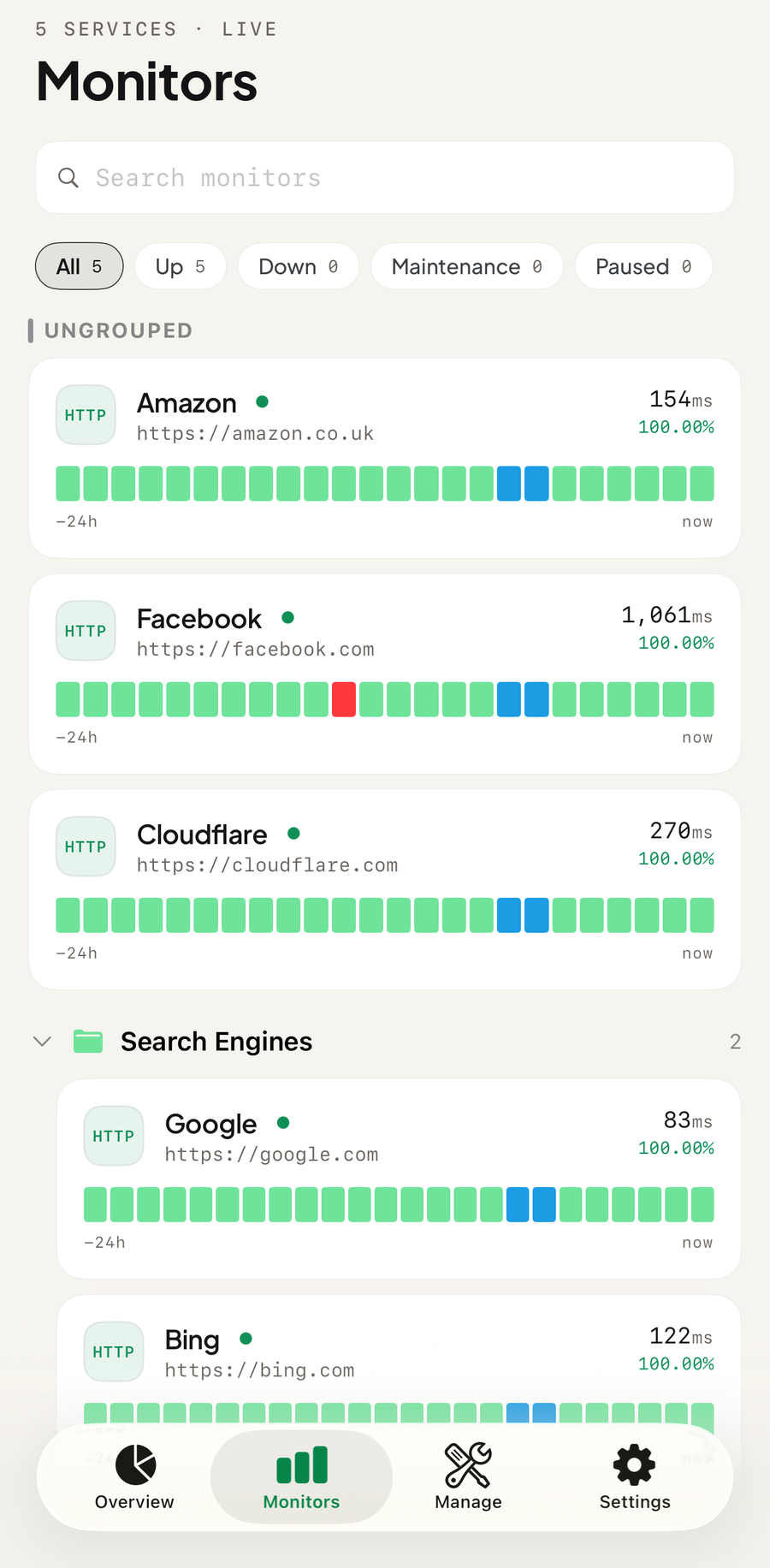 KumaAlert Monitors list with heartbeat graphs