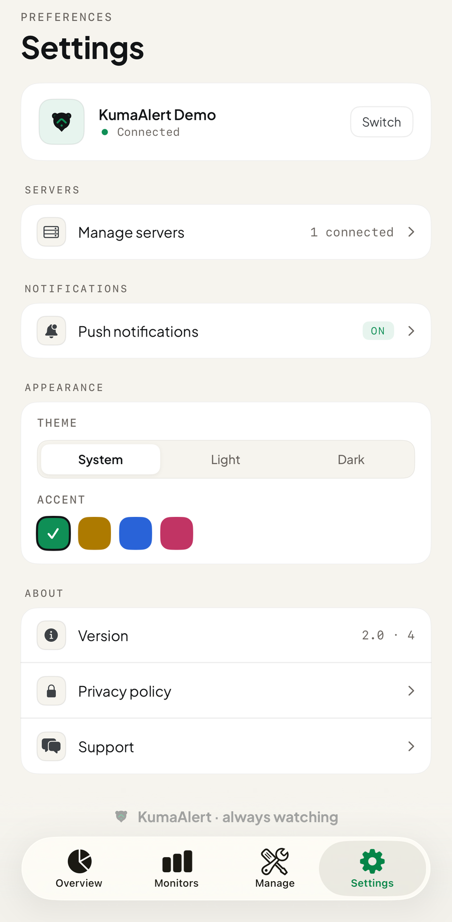 Settings screen with notifications and appearance controls